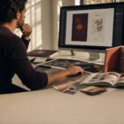 Könyvtervező monitor előtt dolgozik a borítón és a belső tördelésen, körülötte nyomdai proofok.